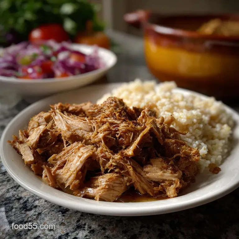 Plated Cuban pork with bright yellow rice and black beans. The pork glistens, a rich contrast to the fluffy rice and beans.