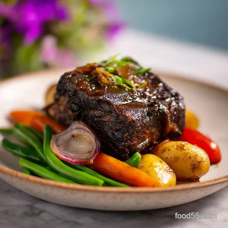 Juicy short ribs artfully arranged on a creamy bed, glistening with savory sauce.