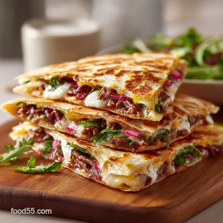 Stacked smashburger quesadillas with melted cheese oozing, topped with vibrant green scallions on a dark plate.
