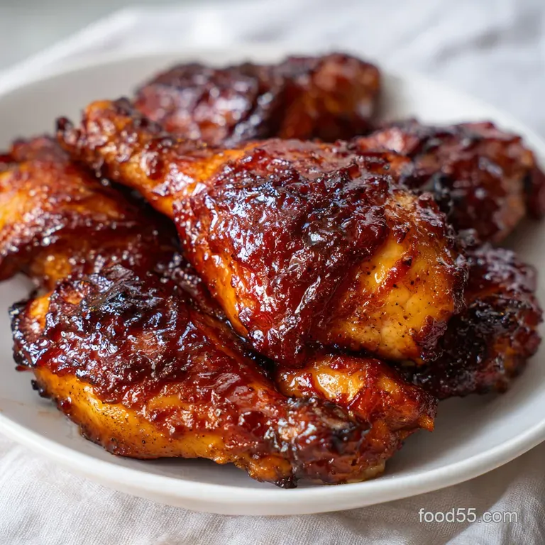 Mahogany chicken thighs plated with bright green steamed asparagus and a fresh lemon wedge on a clean white dish.