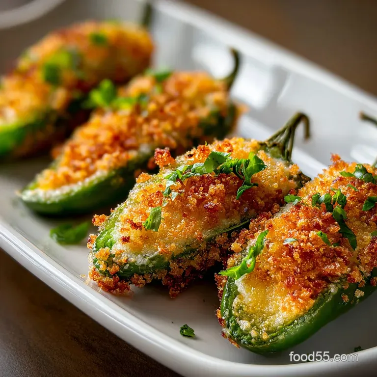 Jalape&ntilde;o poppers arranged on a white plate, oozing cheese. Garnished with fresh cilantro sprigs and a drizzle of creamy sa...