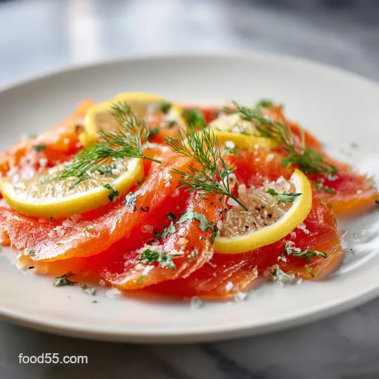 Delicate ribbons of coral-hued smoked salmon elegantly curled on a white plate, garnished with sprigs of fresh dill.