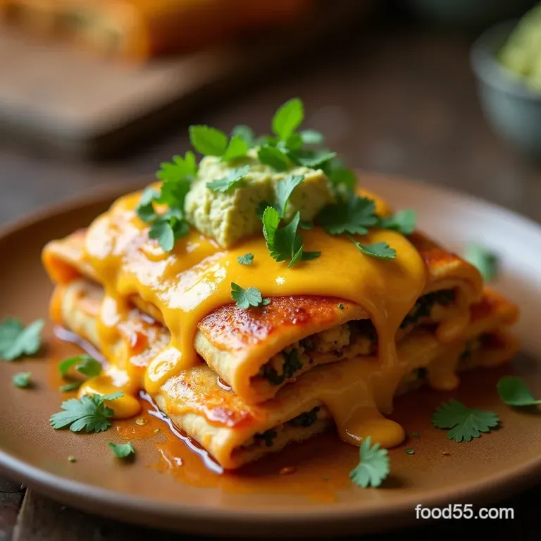 Sunrise Stackers Hearty Vegetarian Breakfast Enchiladas with Smoked Poblano Cream presentation