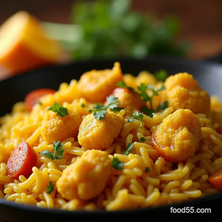 Saffron Sunset Skillet Lighter Cauliflower Arroz Con Pollo presentation
