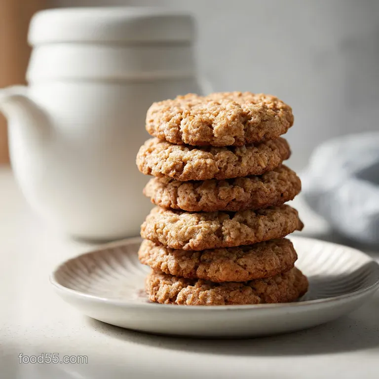 A stack of warm, soft oatmeal cookies on a rustic wooden plate. Crumbly edges and visible oats add to the inviting texture.