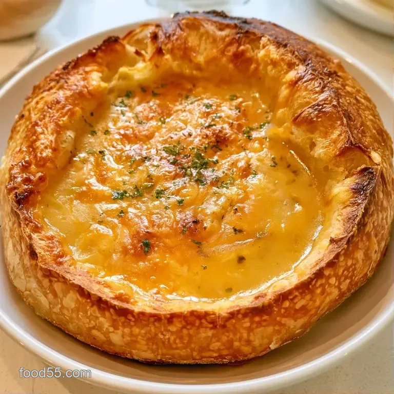 Three golden-brown toasted loaves filled with thick chowder, arranged on a slate platter with linen napkins.