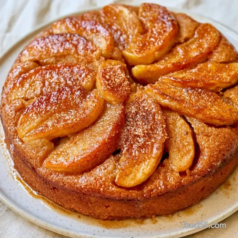 A slice of warm, golden apple cake on a white plate, dusted with fine powdered sugar and paired with fresh mint.