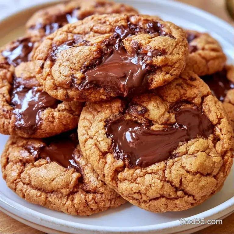 Three golden-brown cookies stacked on a white ceramic plate, highlighting their crinkled tops and buttery glow.