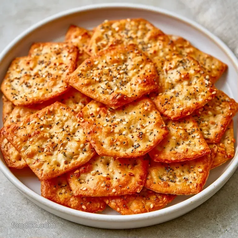 Thin, toasted golden crackers arranged artfully on a marble slab next to a bowl of creamy herb cheese.