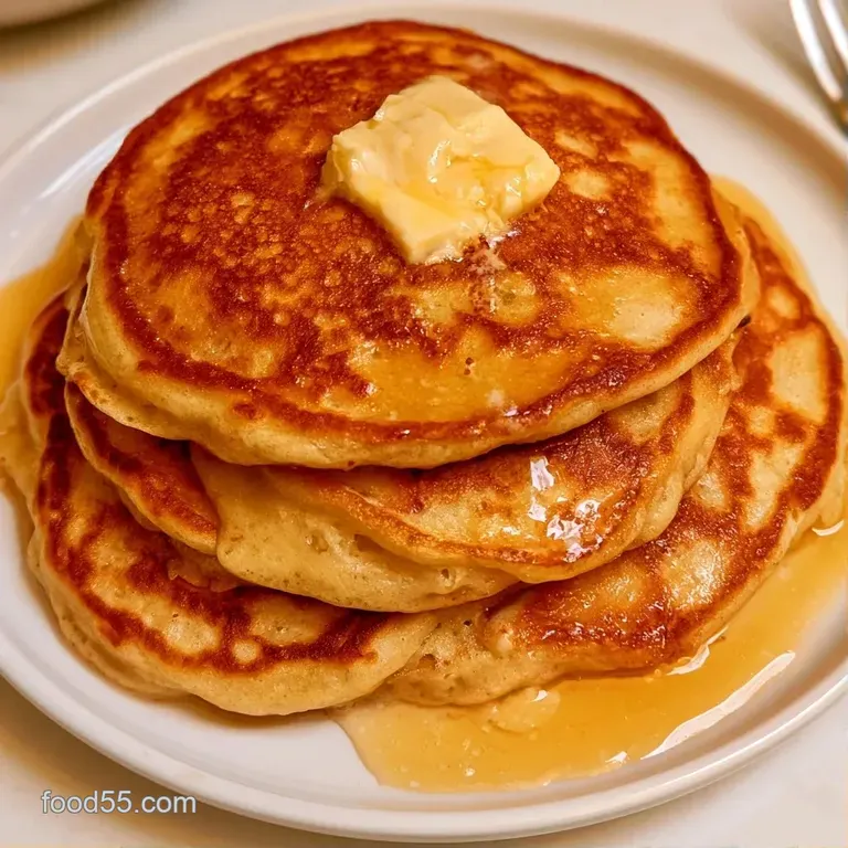 Three fluffy golden pancakes stacked on a white plate, drizzled with syrup and topped with fresh blueberries.