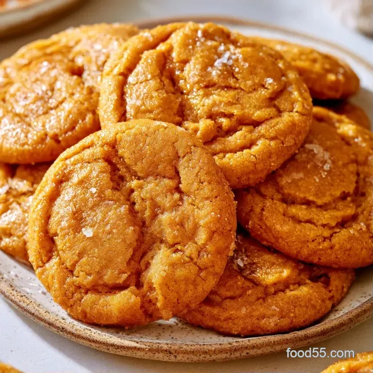 A neat stack of warm, orange-hued cookies on a white marble platter accented by a few scattered cinnamon sticks.