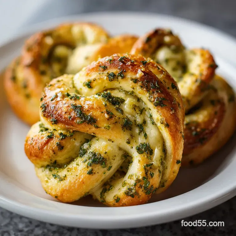 A single, twisted sourdough knot glistening with pesto and garlic, served on a white plate against a rustic wooden backgro...