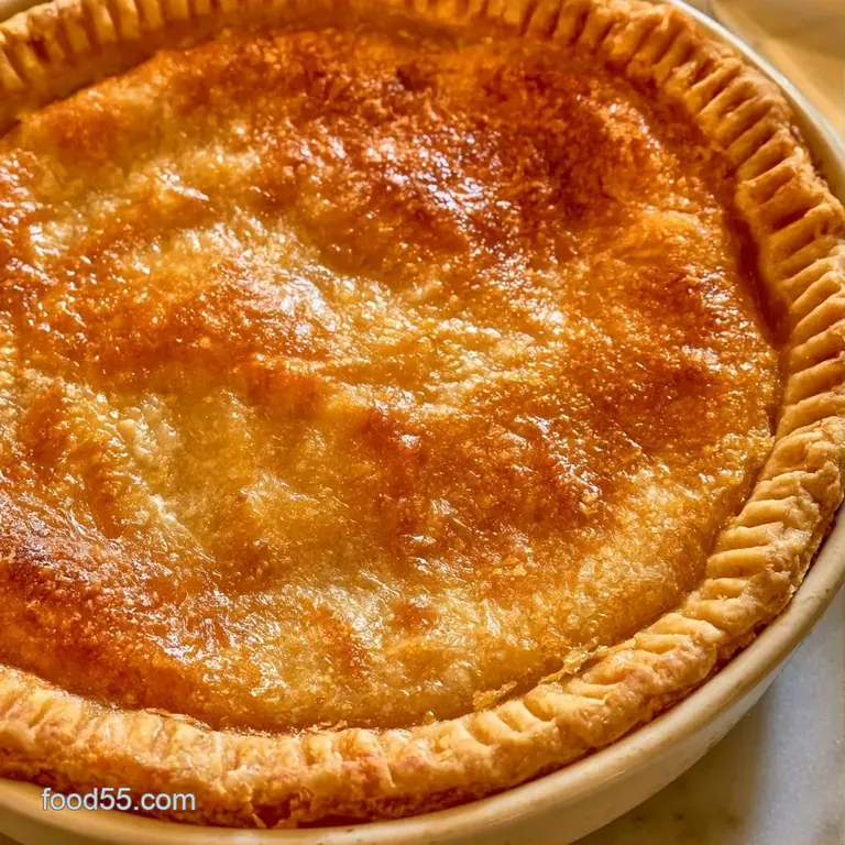 A slice of buttery, golden pastry showing distinct flaky layers beside a dollop of cream and fresh berries.