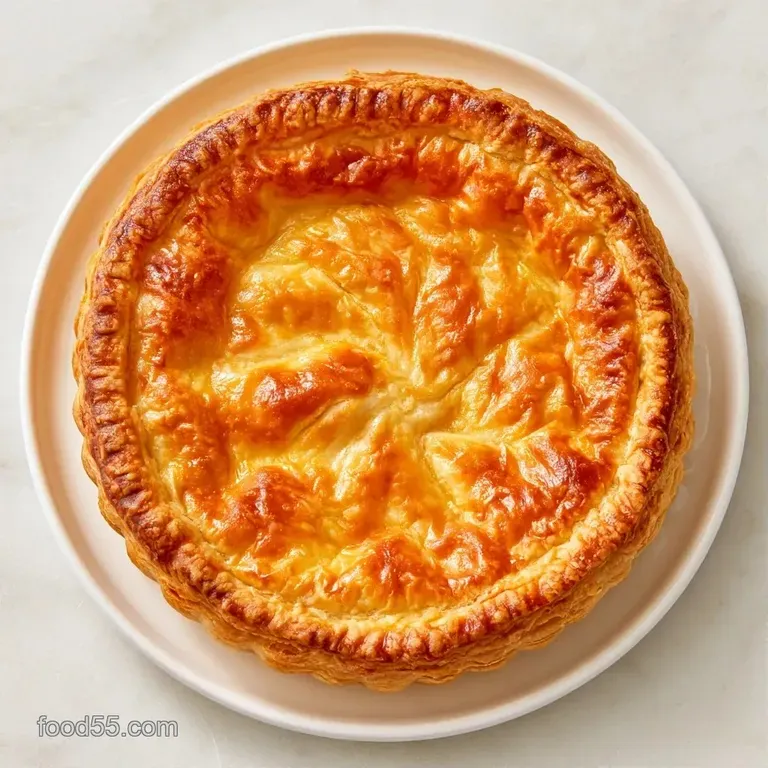 Rustic white ceramic dish holding a golden-brown pastry crust with a visible vent and a light dusting of salt.