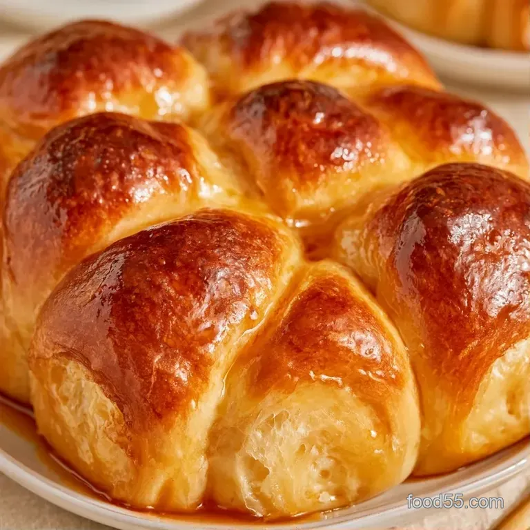 Warm, honey-glazed rolls arranged in a rustic cast iron skillet with melted butter dripping down the golden sides.