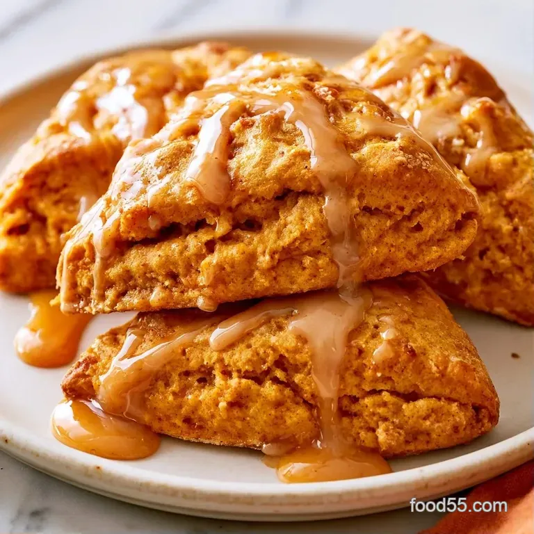 Two orange-hued scones stacked on a white ceramic plate, served with a swirl of honey and fresh autumn leaves.