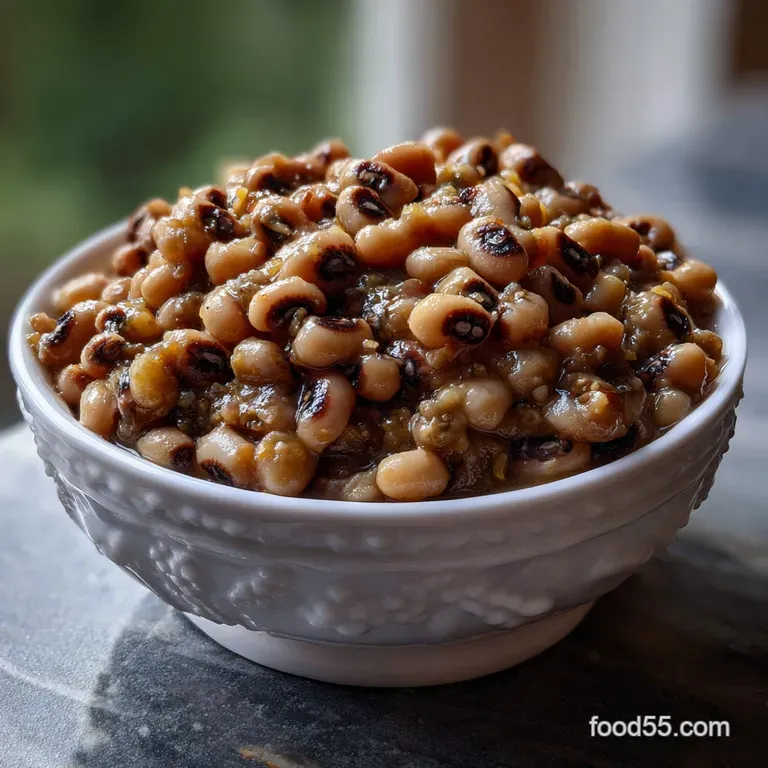 Elegant serving of velvety black-eyed peas, subtly smoky, in a white bowl. Garnished with bright green parsley, set agains...