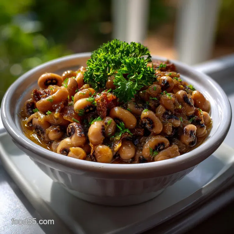 Elegant white bowl filled with glossy black-eyed peas, a sprig of green herbs, and a drizzle of smoky oil, a sophisticated...