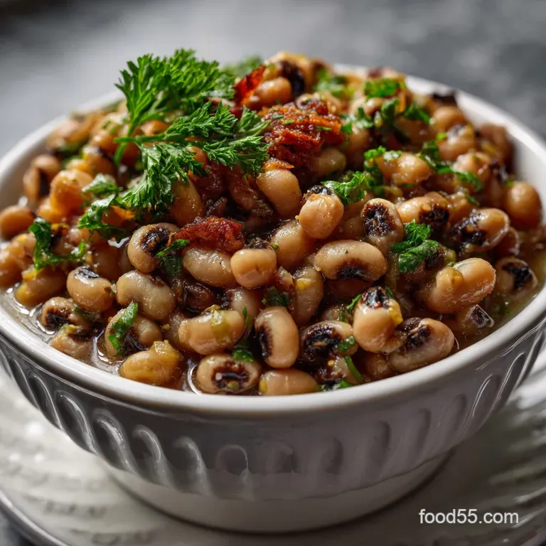 Creamy black-eyed peas artfully arranged in a shallow bowl, accented with a swirl of olive oil and a sprinkle of fresh par...