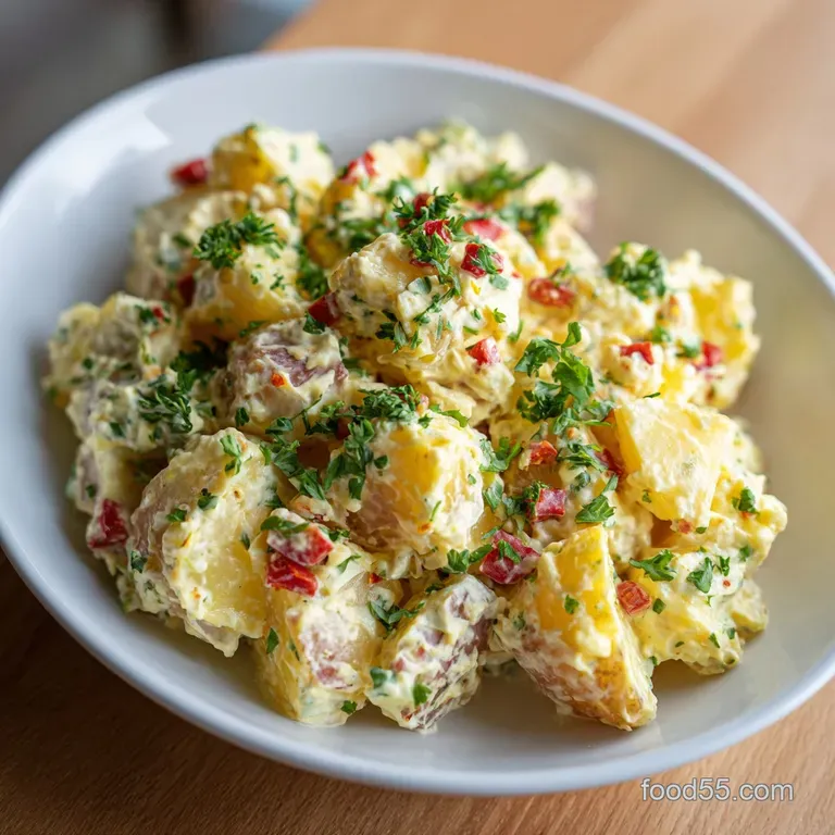A generous scoop of creamy potato salad with vibrant yellow egg yolk pieces, artfully arranged.