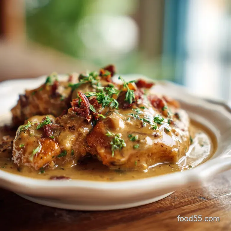 Slices of golden, pan-fried chicken nestled on a creamy bed, drizzled with luscious gravy, elegant plate.
