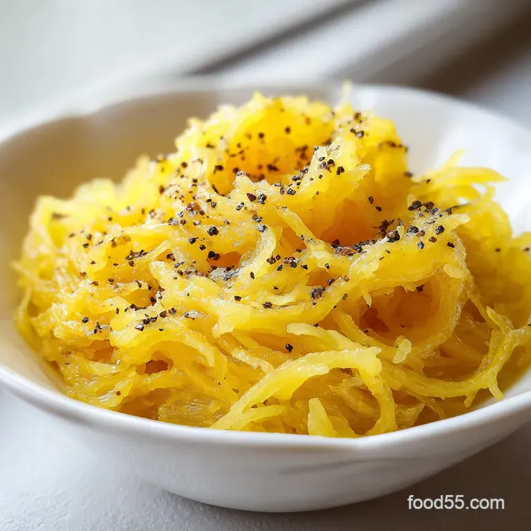 Swirled golden squash strands in a white bowl, topped with shaved parmesan and a sprig of bright green parsley.