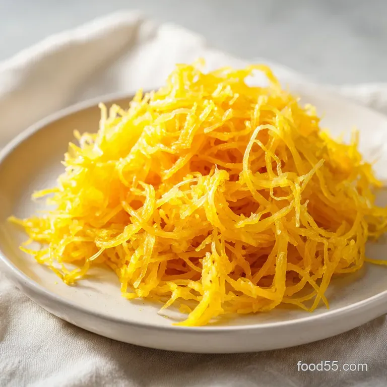 A creamy mound of cheesy golden squash strands topped with fresh parsley in a shallow ceramic bowl on a linen cloth.