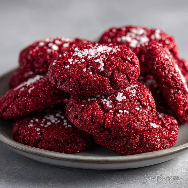 A festive stack of ruby-red cookies, each shimmering with edible glitter, elegantly arranged.