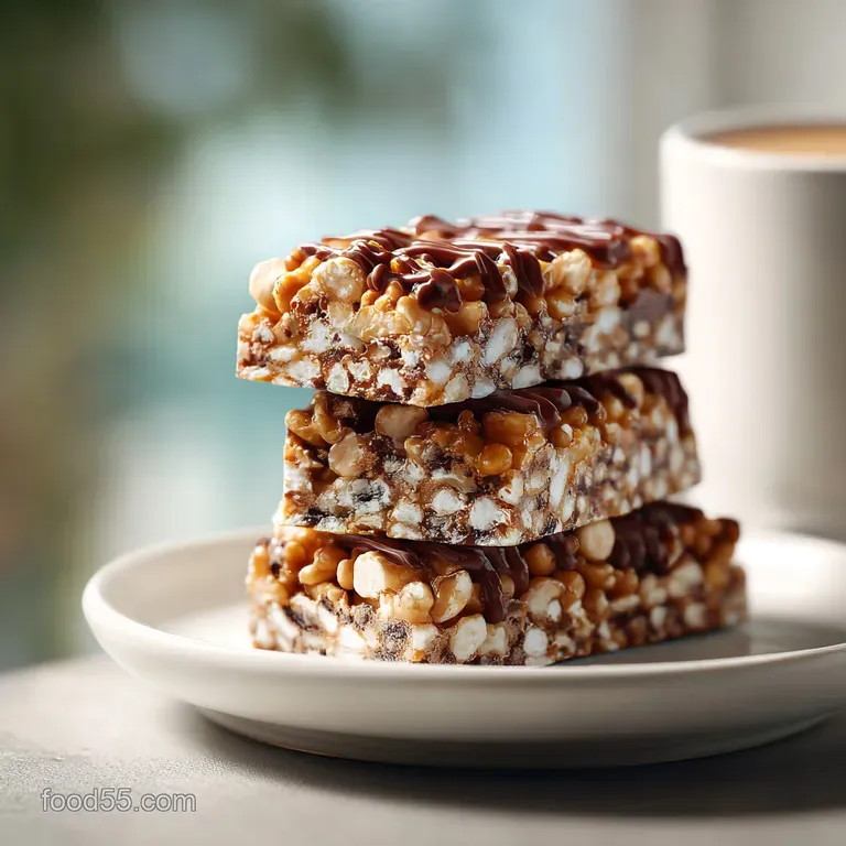 Stacked Special K bars with a glossy chocolate sheen, showcasing the contrasting textures of cereal and smooth fudge, read...