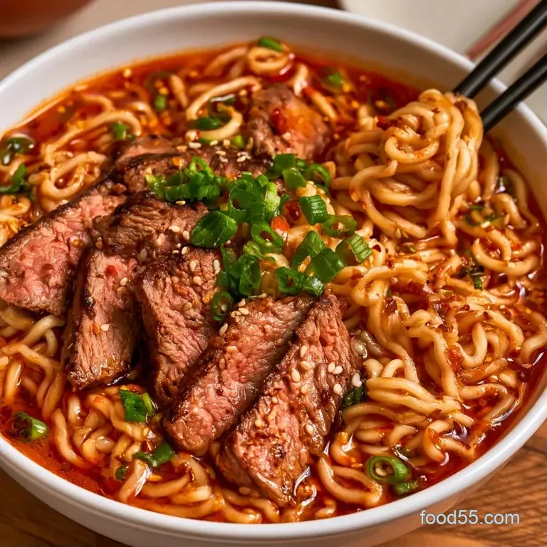 A steaming bowl of noodles topped with a jammy soft-boiled egg, sliced beef, and a drizzle of bright red chili oil.