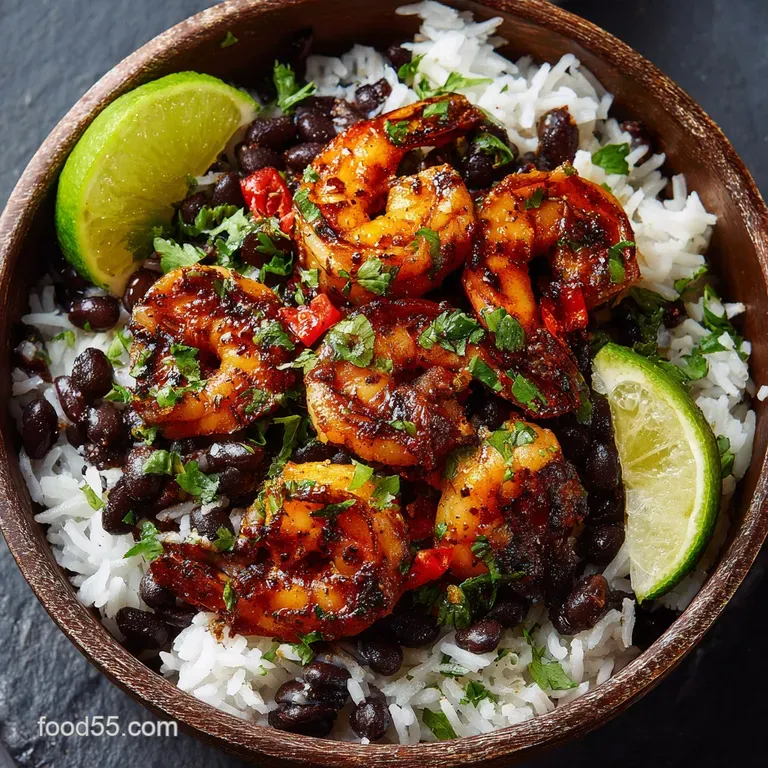 Spicy Jerk Shrimp with Rice and Black Beans and Creamy Coconut Rice presentation