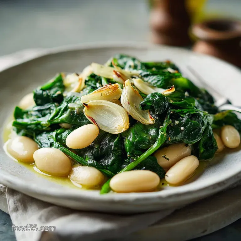 Vibrant green spinach and plump white beans artfully arranged with sliced avocado in a matte ceramic bowl.