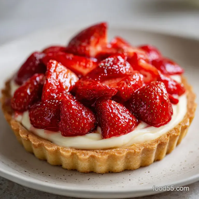 Slice of strawberry tart on a white plate; powdered sugar dusting & a sprig of mint add elegance. Filling appears creamy a...