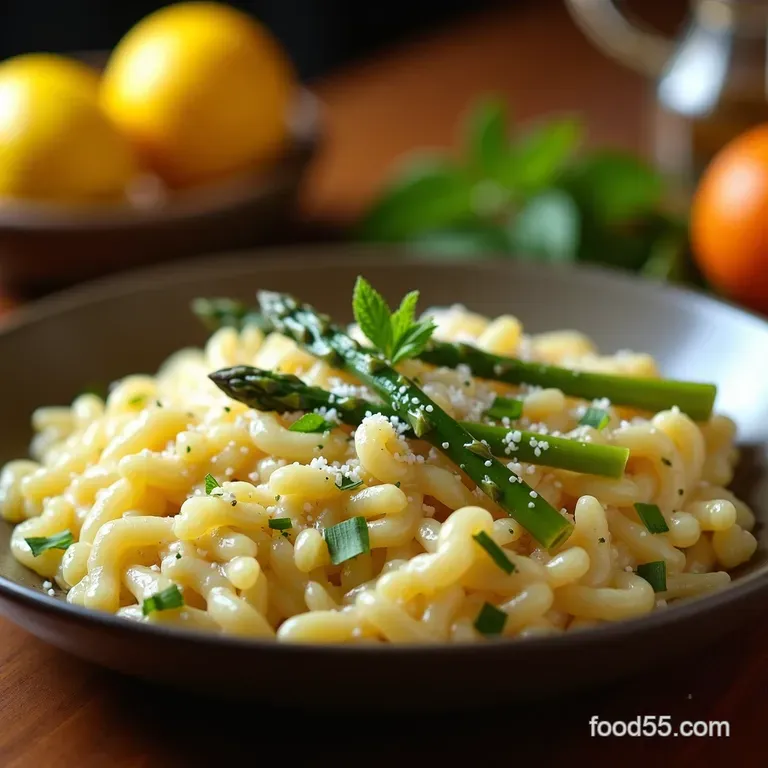 Creamy Al Dente Spring Asparagus Risotto with Lemon Zest Parmesan presentation