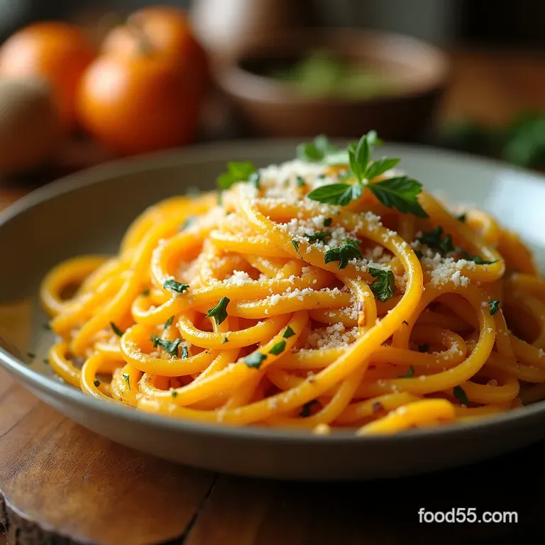 Butternut Squash Leek Dream Silky Spaghetti with Toasted Parmesan Sauce presentation