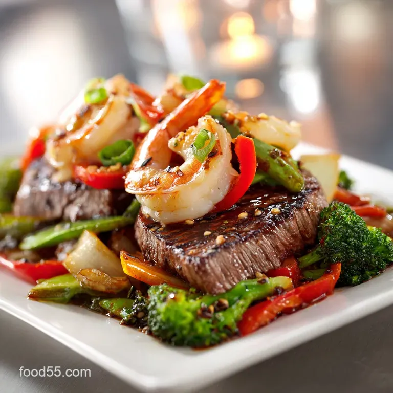 Plated steak and shrimp stir-fry: juicy meat & shellfish, colorful vegetables, drizzled sauce, sesame seeds on a white plate.