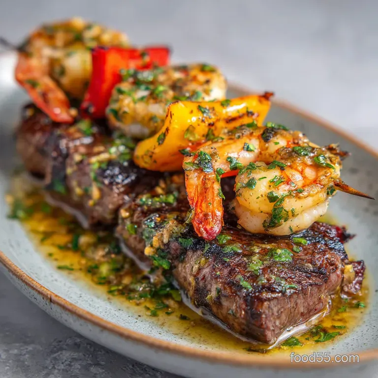 Perfectly plated steak and shrimp skewer with vibrant grilled vegetables and a sprig of fresh rosemary.