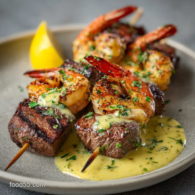 Grilled Steak and Shrimp Skewers with Garlic Butter