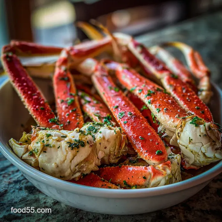 Plated crab legs: vibrant red shells, snowy white meat peeking through, lemon wedge, drawn butter in a small glass bowl. S...