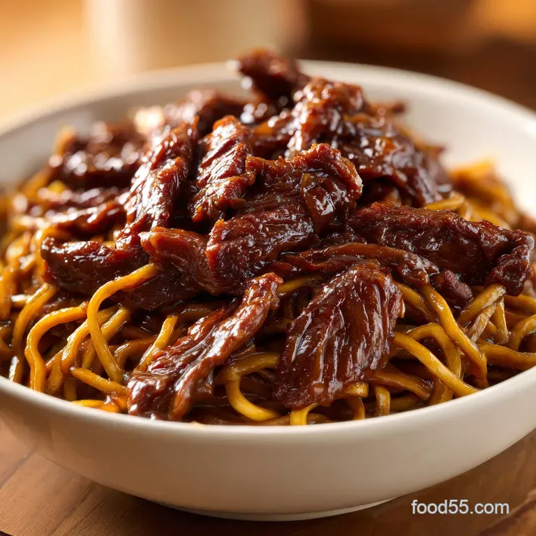 Elegant dark bowl of glossy glazed beef and noodles topped with sesame seeds on a light gray linen surface.