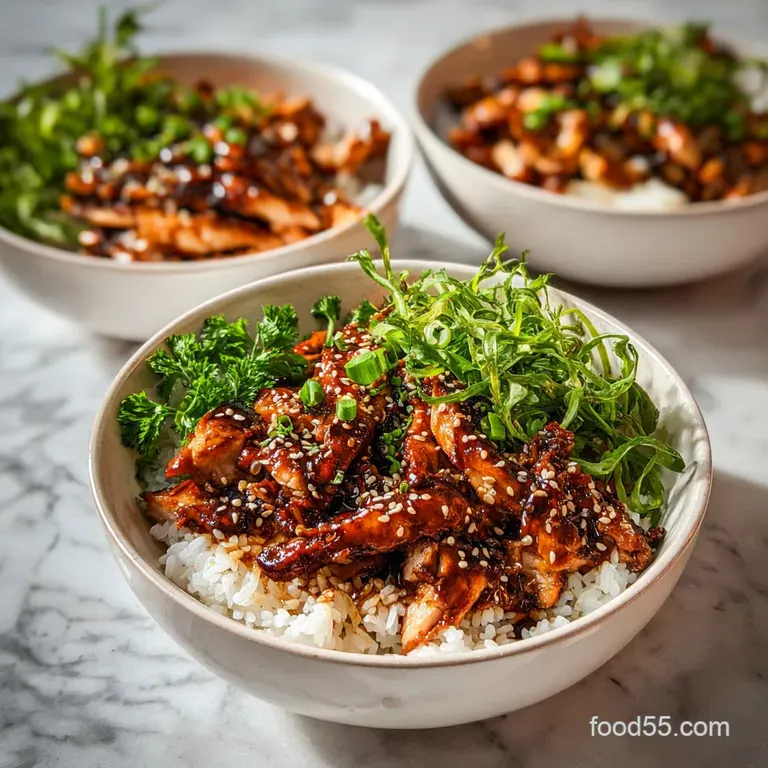 Tender chicken pieces with sticky glaze artfully arranged atop a bed of rice, sprinkled with sesame seeds; a minimalist, e...