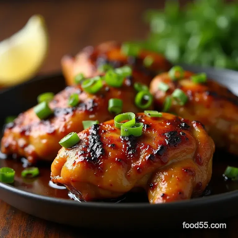 Sticky Fivespice Ginger Grilled Chicken Thighs with Charred Scallions presentation