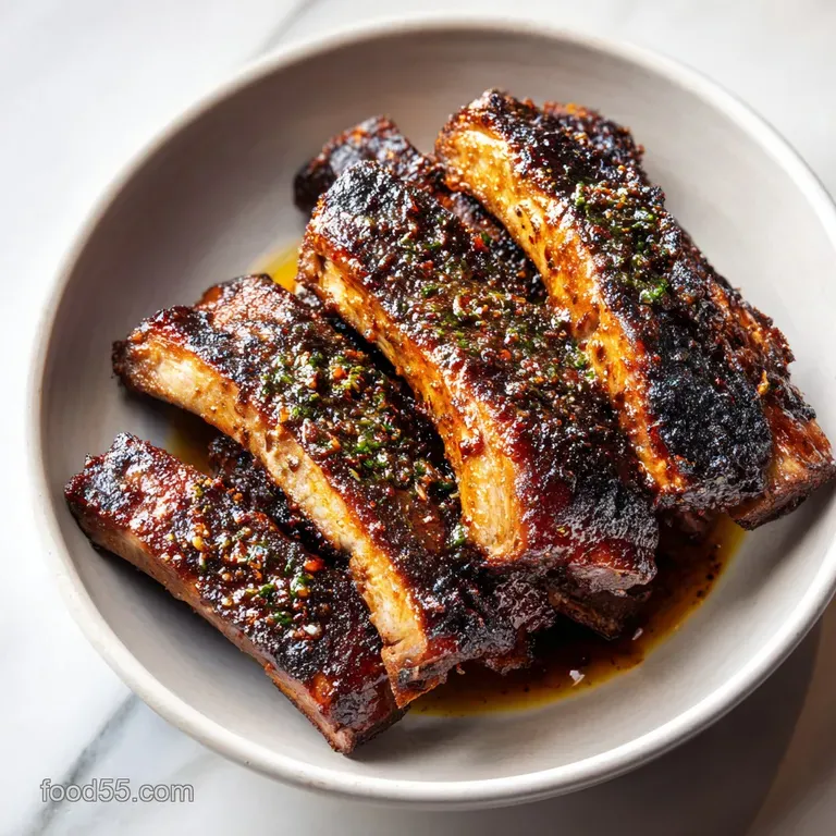 Juicy baked ribs artfully arranged on a rustic wooden board, garnished with fresh herbs.
