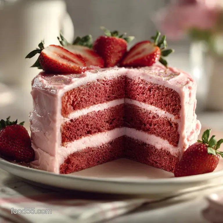 Slice of strawberry cake on a white plate. The cake's soft crumb contrasts with the smooth, shiny pink frosting and fresh ...
