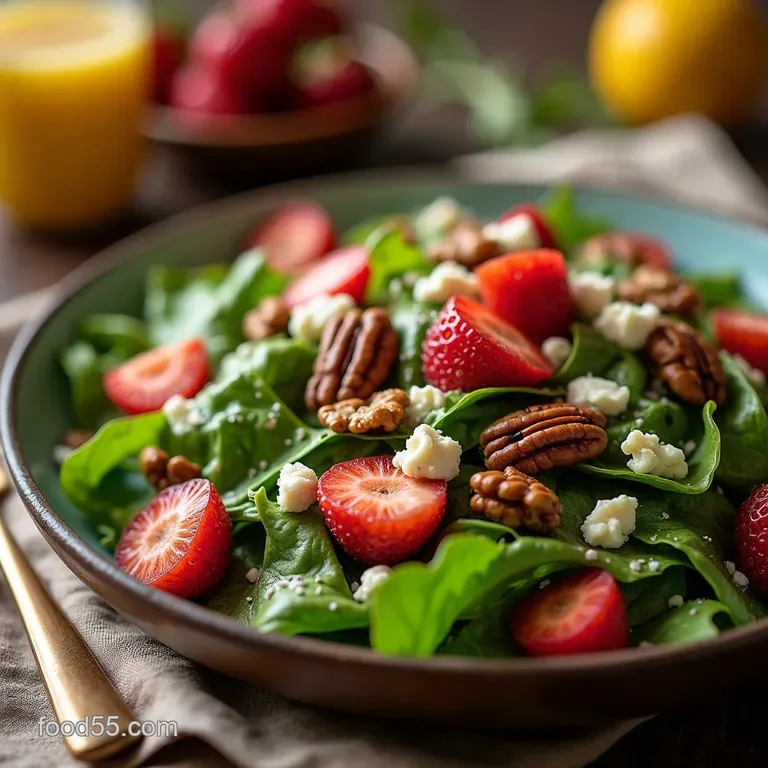 The Strawberry Good Salad Vibrant Greens with Gorgonzola Candied Pecans and Zesty Poppy Seed Vinaigrette presentation