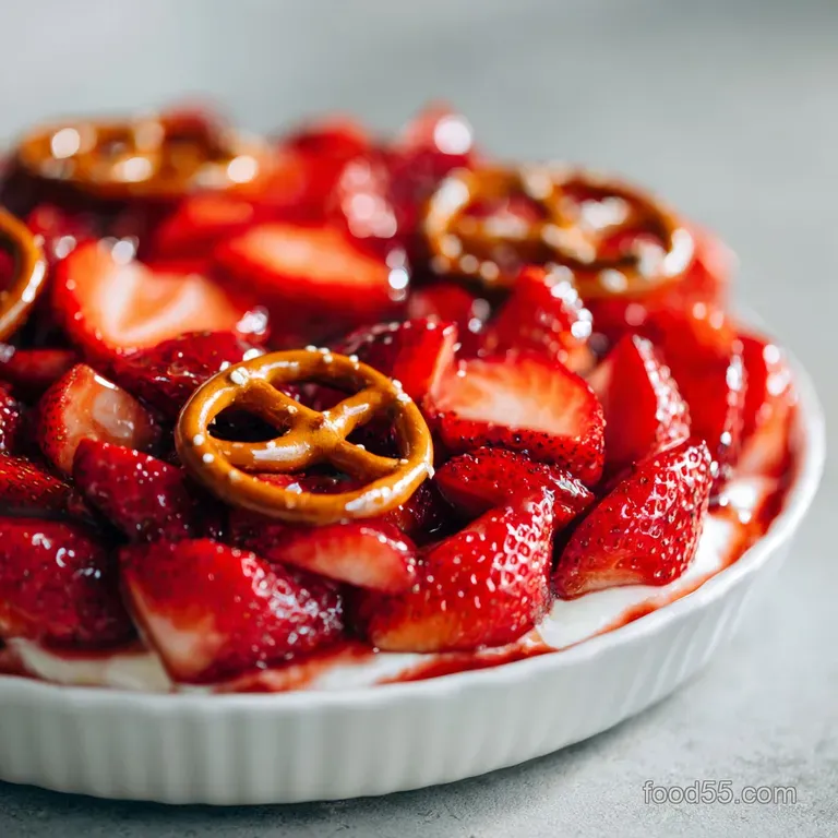 Individual serving of strawberry pretzel salad with whipped cream and sliced strawberries, showcasing distinct layers.