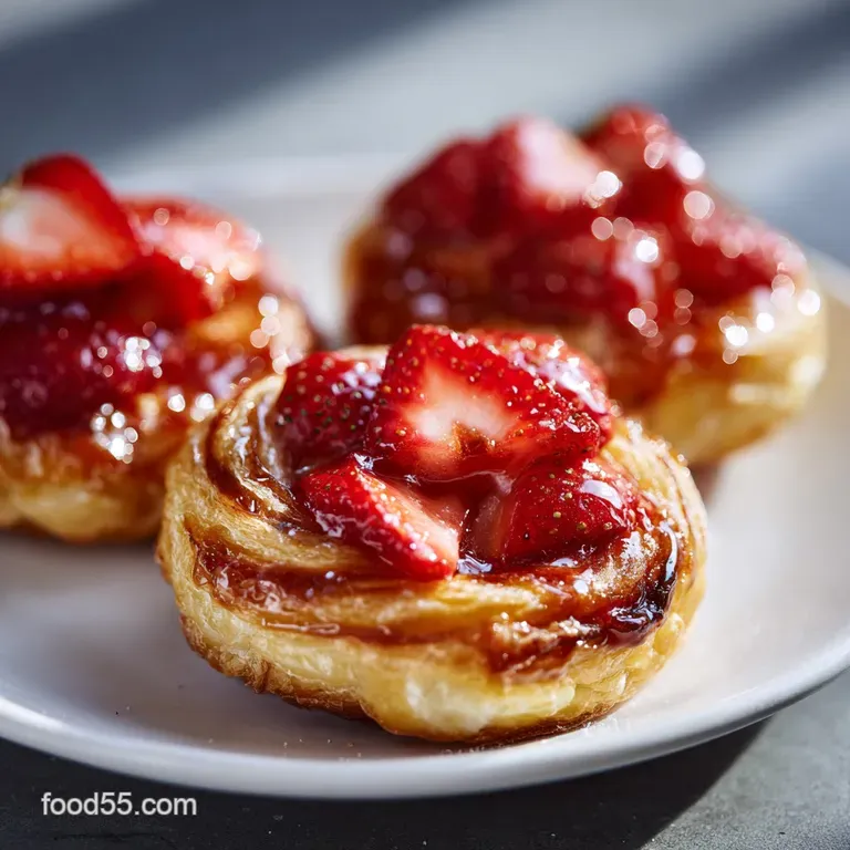 Individual strawberry danish on a white plate, powdered sugar dusting, highlighting the delicate layers and vibrant fruit.