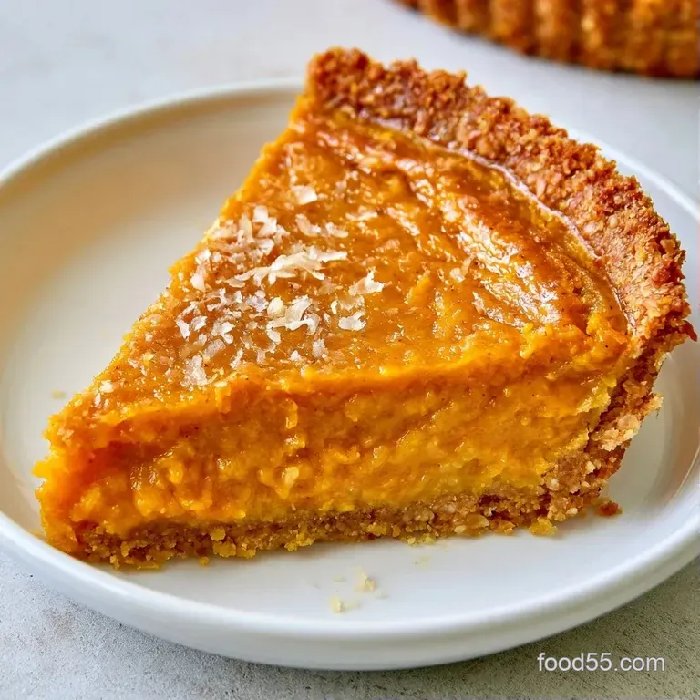 Sleek slice of orange custard pie topped with a dollop of white whipped cream and a sprinkle of cinnamon.