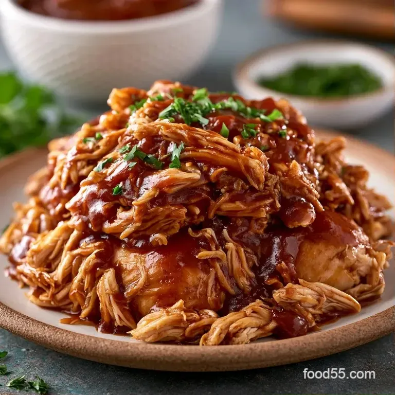Juicy shredded meat in a rich brown glaze on a white platter with charred corn and fresh green parsley.