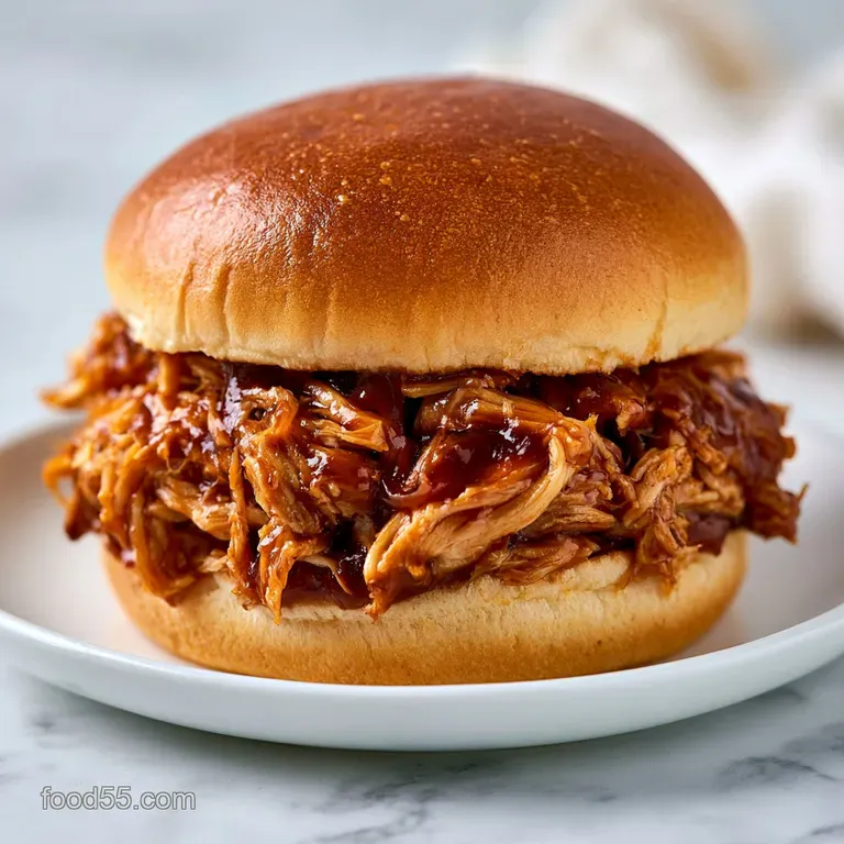 Three golden-brown toasted buns piled with juicy pulled chicken, served on a slate board with fresh corn on the cob.